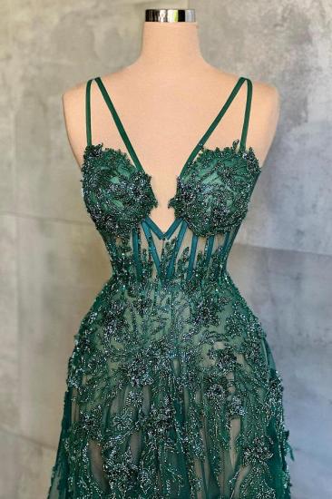 Sexy Evening Dresses Long V Neckline | Green prom dress with lace_2