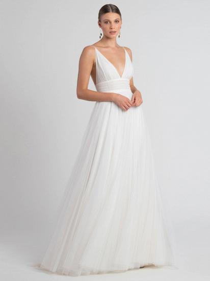 White Sleeveless V Neck Chiffon Backless Tulle Wedding Dresses_4