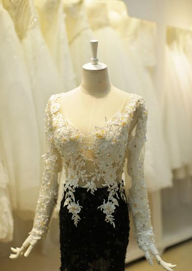 Long Sleeve Flowers Prom Dresses 2022 V-neck Sheer Tulle Mermaid Black Evening Dress_4