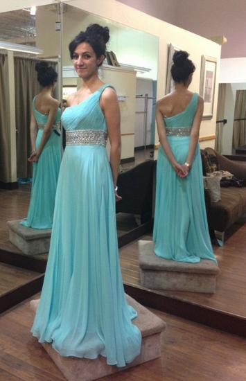 Elegant One Shoulder Crystal Long Prom Dress with Beadings Latest Ruffles Chiffon Party Gowns