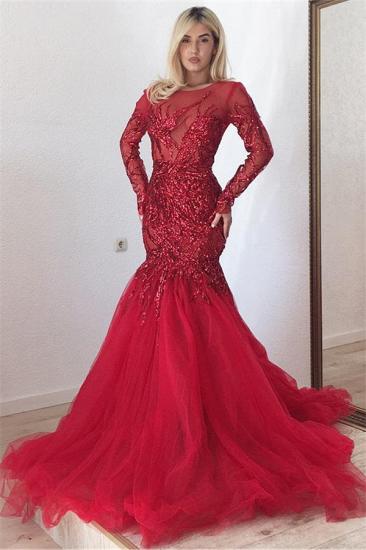 Glamourösen roten langen Ärmeln Meerjungfrau Ballkleider | 2022 Pailletten Tüll Abendkleider