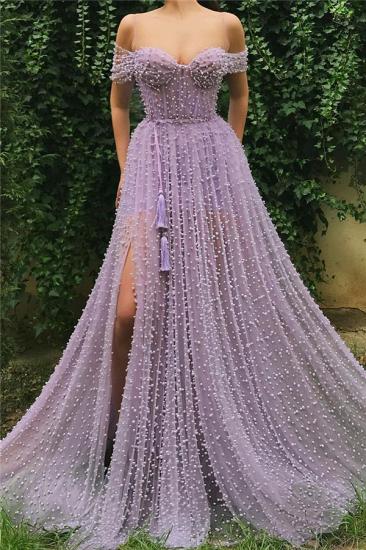 Exquisite Tulle Pearls Off the Shoulder Prom Dress | Sexy Sweetheart Front Slit Long Affordable Prom Dress_1