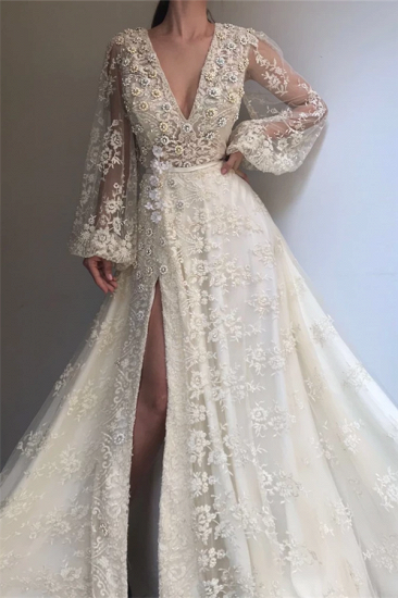 Exquisite Tulle Lace Beading Long Sleeves Prom Dress | Sexy V Neck Beading Slit Prom Dress