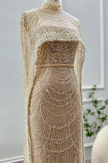 Luxuriöses, durchsichtiges Abendkleid aus Dubai mit Perlen, Cape-Ärmeln, Champagner-Meerjungfrau-Hochzeitskleid_4
