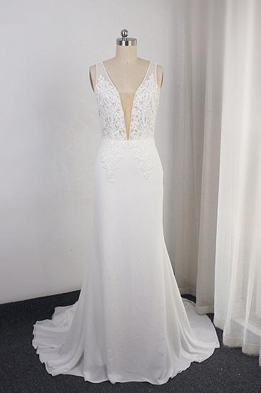 TsClothzone Sexy Deep-V-Neck Chiffon Sheath Wedding Dress Lace Appliques Sleeveless Pearls Bridal Gowns Online_1