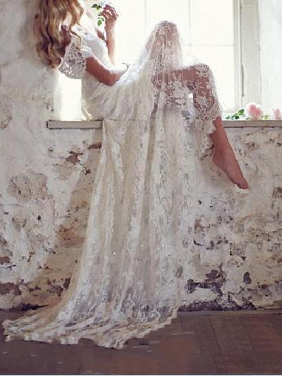 Country Mermaid Wedding Dress V-Neck Lace Short Sleeve Plus Size Bridal Gowns Court Train
