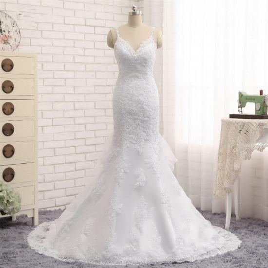 TsClothzone Elegante weiße Meerjungfrau-Hochzeitskleider mit V-Ausschnitt, ärmellose Spitzen-Brautkleider mit Applikationen im Angebot_7