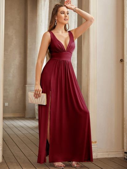 Burgundy Deep V-neck Sleeveless High split Prom Dress Empire Bridesmaid Dress_25