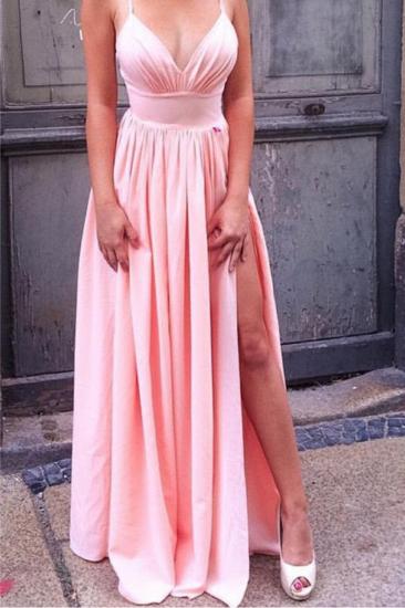 Spaghetti Straps Sexy Pink Formal Dresses Chiffon Open Back Side Slit V-neck Cheap Evening Dress 2022_2