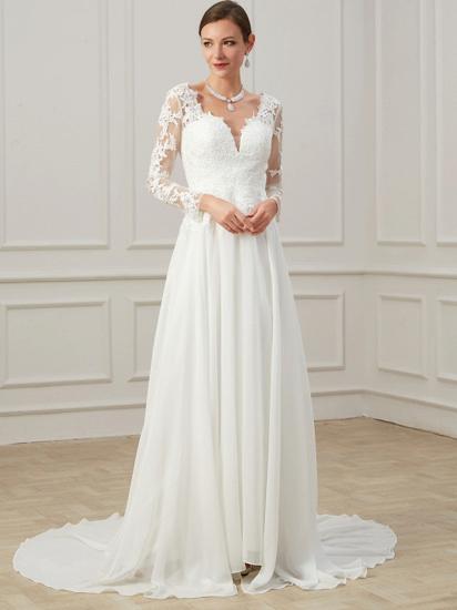 Formal Sheath Wedding Dress V-Neck Lace Tulle Long Sleeves Plus Size Bridal Gowns with Sweep Train_3