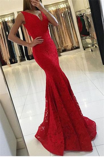 Rot V-Ausschnitt Ärmellos Günstige Abendkleider | Sexy Meerjungfrau-Spitze-Abschlussballkleider 2022