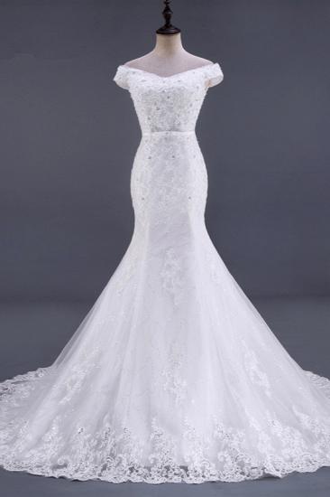 TsClothzone Elegantes schulterfreies Meerjungfrau-Hochzeitskleid in Weiß mit Herzausschnitt, ärmellosen Spitzenapplikationen, Brautkleidern mit Strasssteinen