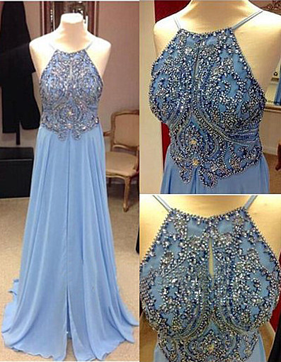 Baby Blue Prom Dresses 2022 Straps Backless Lovely Evening Dress with Beads_1
