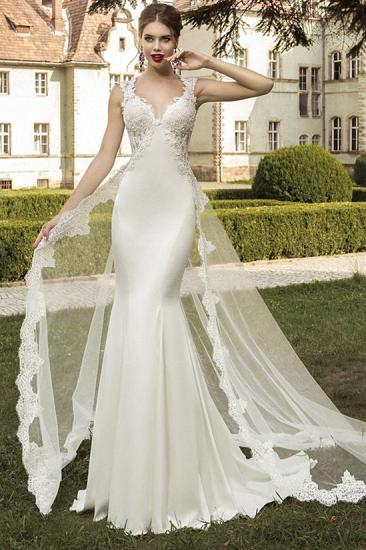 Elegantes Brautkleid mit Satinapplikationen Meerjungfrau-Schleife-Zug-Hochzeitskleid mit durchsichtigem Spitzenzug_2