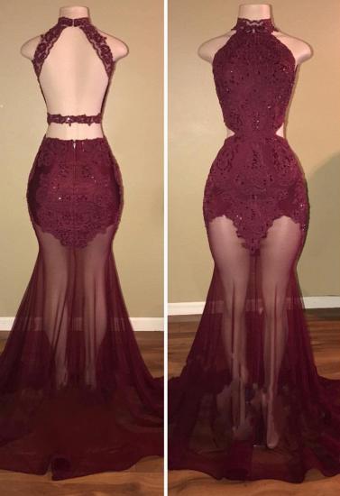 Burgundy Sheer-Tulle Lace-Appliques High-Neck Mermaid Prom Dresses_4