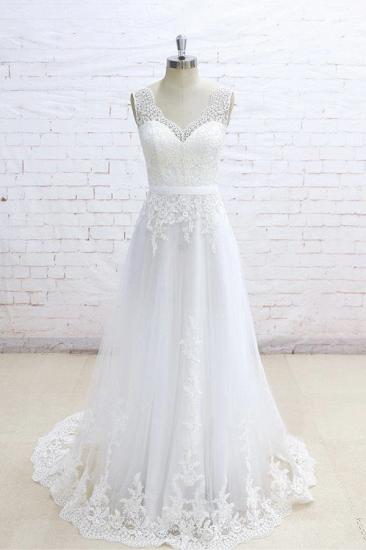 Stylish Sleeveless Straps V-neck Wedding Dress | White A-line Tulle Bridal Gowns With Appliques_2