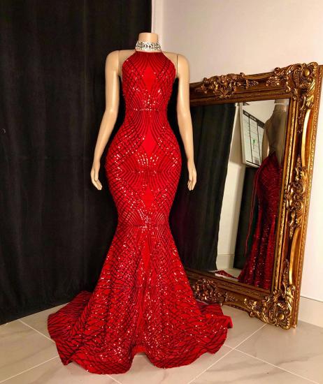 Halter Lace-up Sequins Floor Length Red Mermaid Prom Dresses_2
