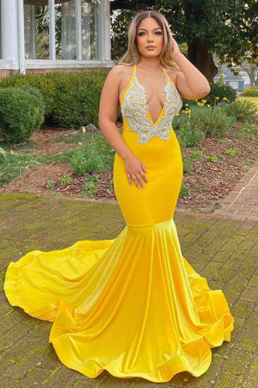 Shiny yellow velvet sleeveless v-neck prom dress