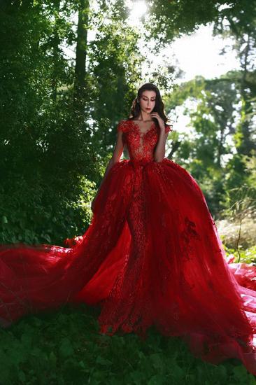 Elegant Red V-Neck OverSkirt Lace Applique Prom Dresses_6