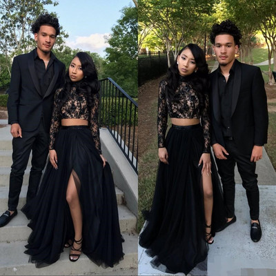 Two Piece Long Sleeve Evening Gown Black Sexy Slit Lace Prom Dress_4