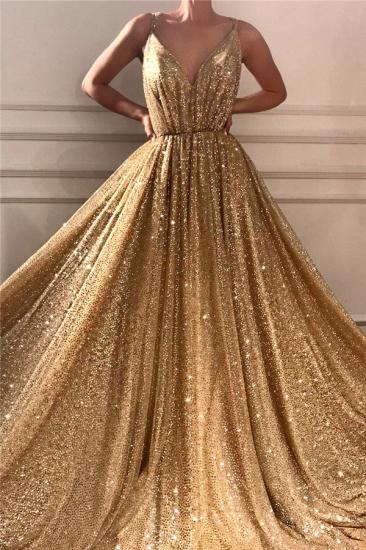 Glamouröse Pailletten Spaghetti-Träger Langes Abendkleid | Sparkle V-Ausschnitt ärmelloses Gold Abendkleid