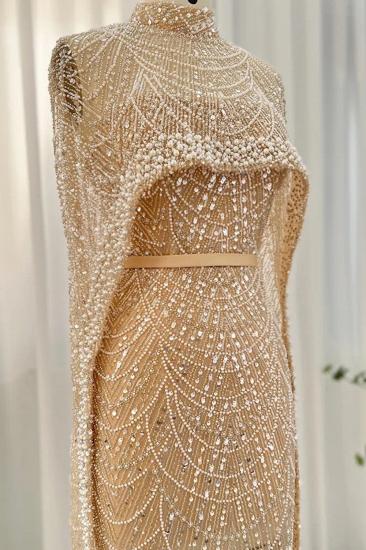 Luxuriöses, durchsichtiges Abendkleid aus Dubai mit Perlen, Cape-Ärmeln, Champagner-Meerjungfrau-Hochzeitskleid_3