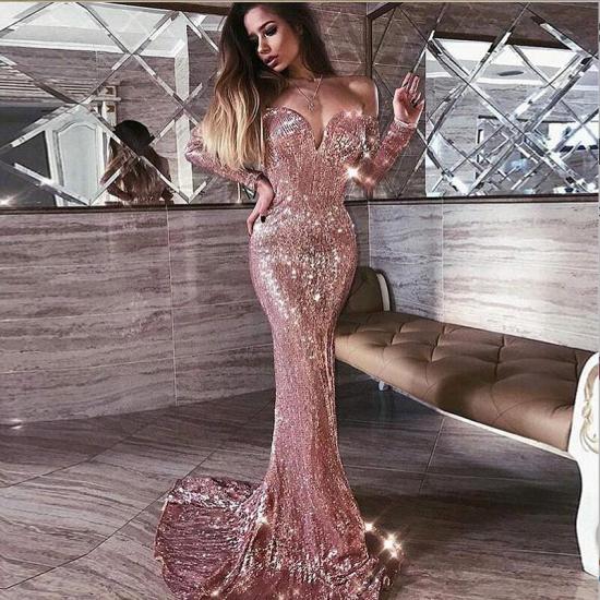 Mermaid Pink Shiny Sequined Strapless Off-the-Shoulder Long Sleeves Prom Dress_4