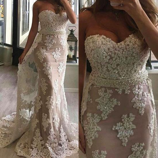 Sweetheart Sheath Lace Prom Dresses with Beads Belt Sexy Long Evening Gown with Long Train_3