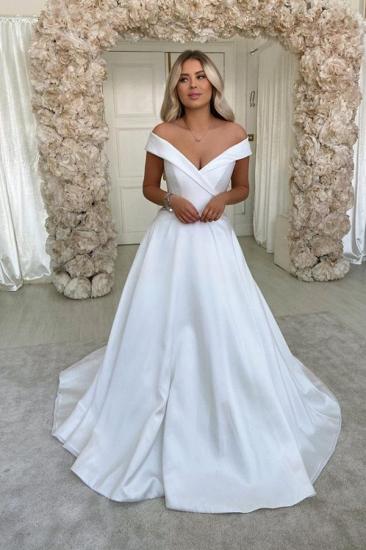 Elegant Off The Shoulder V-neck Wedding Dresses | A-line Pleated Bridal Gowns_1