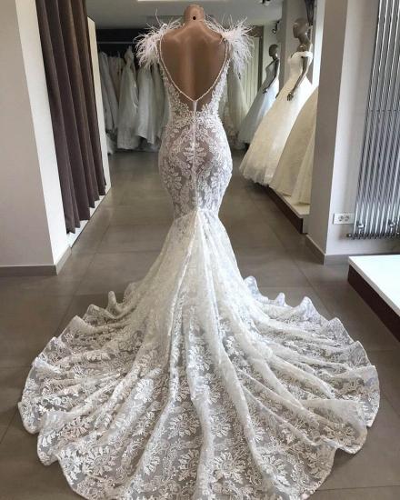 Luxuriöses, weißes, hohles, herzförmiges, langes Brautkleid aus Spitze mit offenem Rücken und Pelzausschnitt_3