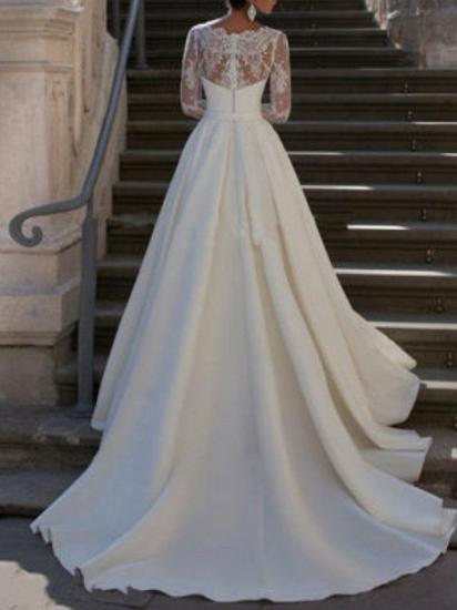 Affordable A-Line Wedding Dress V-Neck Satin Long Sleeve Bridal Gowns Sweep Train_2