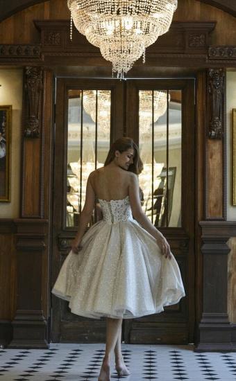 Mode schulterfreies Spitzenapplikationen kurzes Hochzeitskleid Pailletten-Pailletten-Brautkleid_4