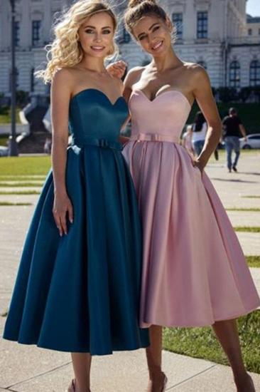 Simple Tea Length Sweetheart Pink Prom Dress | Affordable Strapless Navy Blue Prom Dress with Sash_1