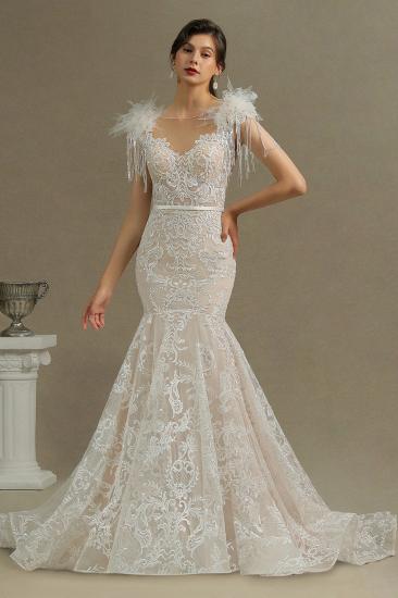 Glamorous Lace Appliques Mermaid Wedding Gown Fur Leather Off Shoulder V-Neck Maxi Dress for Bride