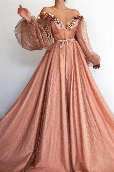 Sexy Off the Shoulder V Neck Long Prom Dress | Chich Tulle Beading Long Sleeves Prom Dress