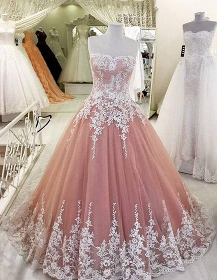 Strapless Pearl Pink Lace appliques 2022 Evening Dresses Ball Gown Tulle Prom Gowns