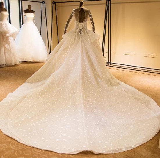 Elegant Long Sleeve Beading Lace-up Tulle Ball Gowns Sparkle Wedding Dress_3