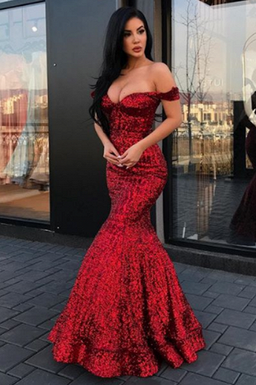 Mermaid Sparkly Sequined Evening Dresses | Off-The-Shoulder Floor Length Prom Dresses