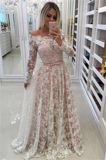 2022 Lace A-line Long Sleeves Evening Gowns Off-the-Shoulder Prom Dresses with Buttons