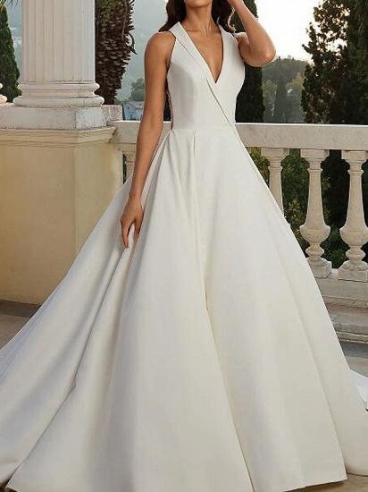 Country A-Line Wedding Dress V-Neck Satin Sleeveless Plus Size Bridal Gowns Sweep Train_1