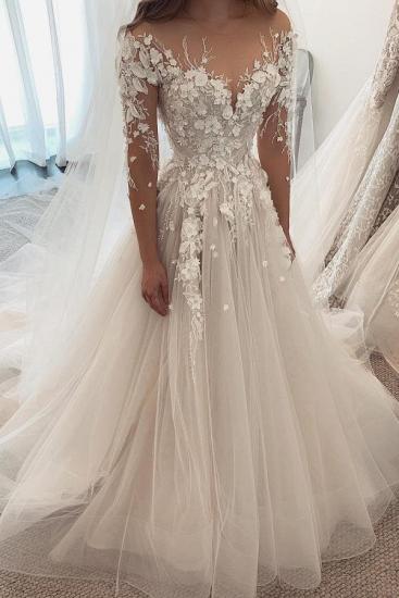 Glamouröses weißes Brautkleid mit langen Ärmeln aus 3D-Blumenspitze und Tüll-Schleppe_1