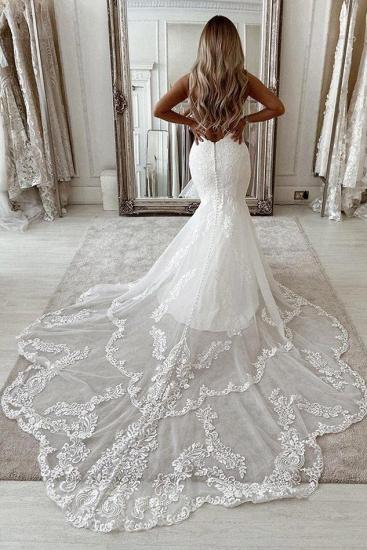 Elegantes ärmelloses Hochzeitskleid mit V-Ausschnitt aus Spitze mit Applikationen｜Kirchen-Meerjungfrauen-Hochzeitskleid_2