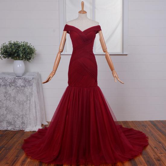 Ruched Mermaid Long Red Formal Evening Gown 2022 Off-the-Shoulder Tulle Prom Dresses_3