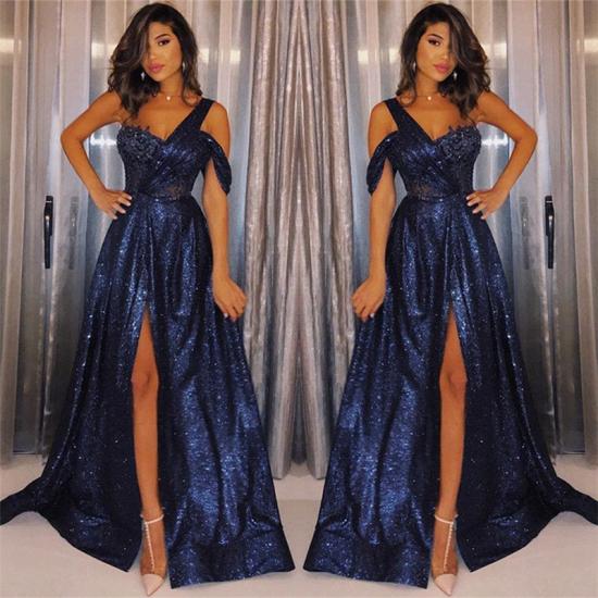 Navy Blue One-Shoulder Sequins Prom Dresses | Sexy A-Line Side-Slit Evening Gowns_2
