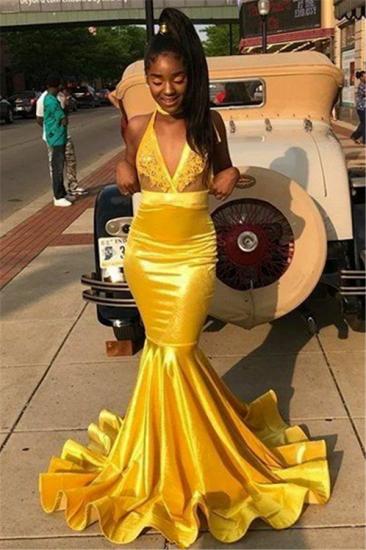 Halter Mermaid Sexy Open Back V-neck Yellow Prom Dresses Cheap Online