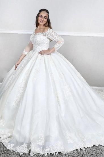 Long sleeves Lace Square neck puffy Ball gown Court train White Wedding Dresses_3