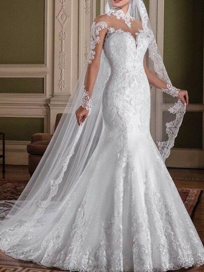 Sexy See-Through Mermaid Wedding Dress High-Neck Lace Long Sleeve Bridal Gowns with Sweep Train