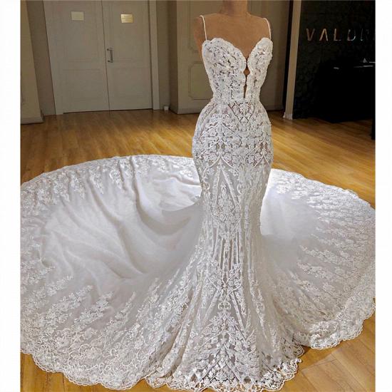 Spaghetti Straps Mermaid Lace Wedding Dresses with Cathedral Train_2