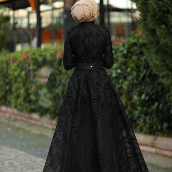 Long Sleeves Black Lace Evening Swing Dress A-line High Neck_2