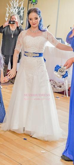 Elegant Sashes Beaded Half-Sleeves Crystal A-Line Scoop Lace-Applique Wedding Dresses_4